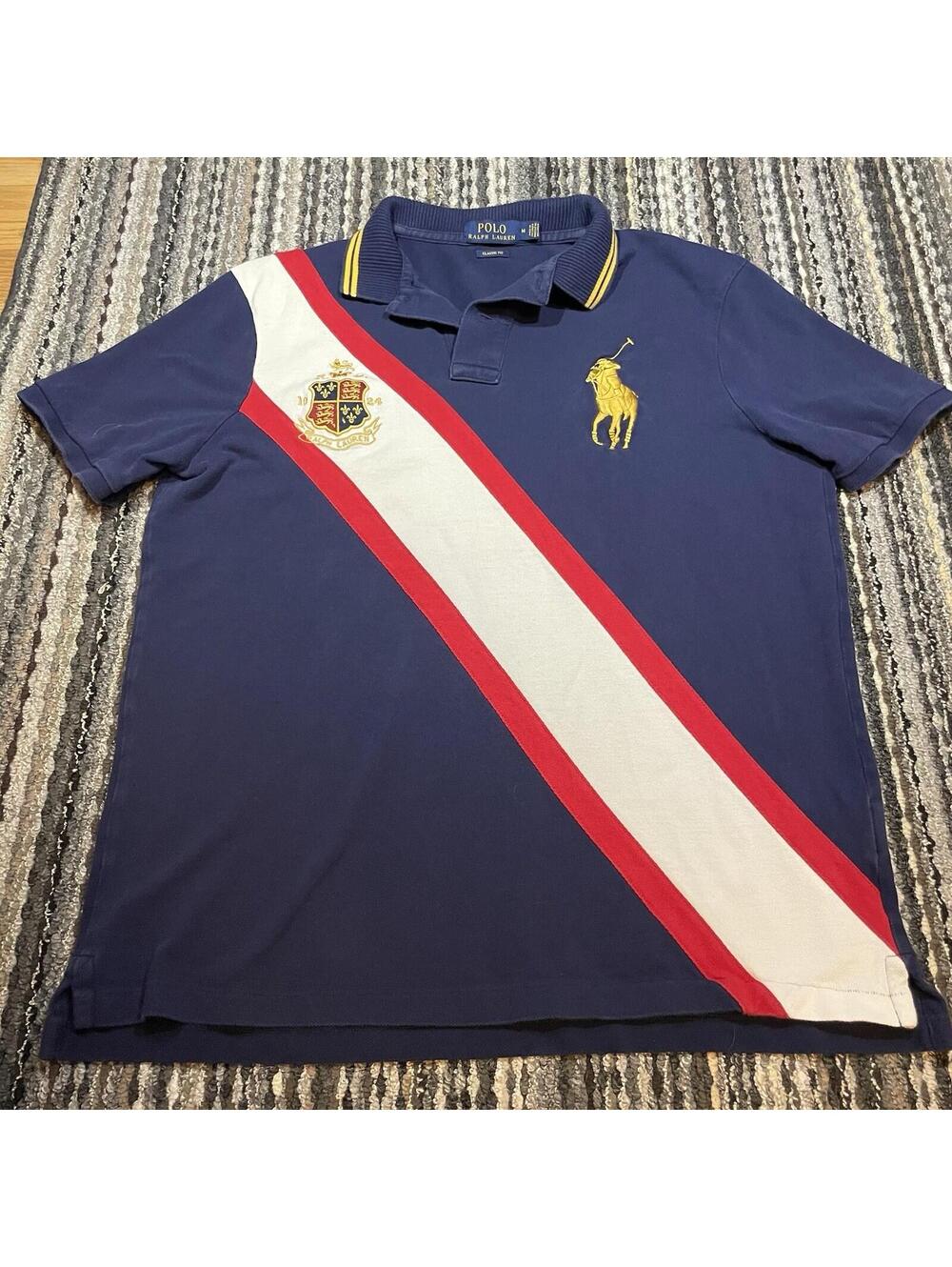 Polo Ralph Lauren Shirt Mens M Blue Big Pony Stripe Classic Fit Gold Crest Crown